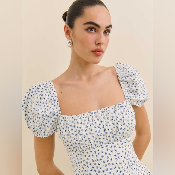 NEW Reformation Marielle Puff Sleeve Mini Sundress Hanna Blue Floral | size 2 - Picture 2 of 13